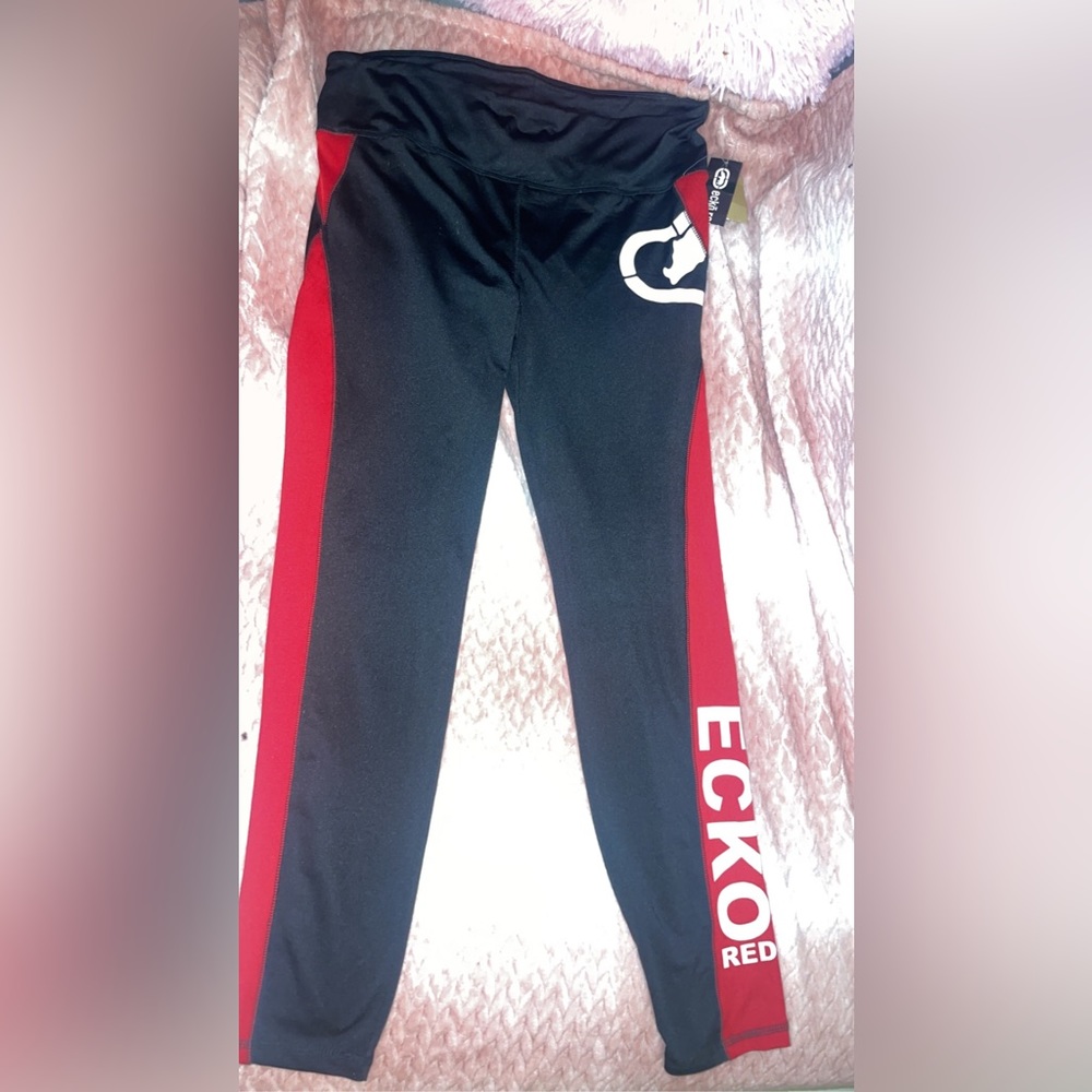 ECKO Red leggings. Black with red stripe and ecko symbol. Size L womens